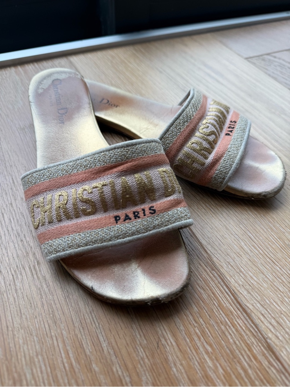 Dior Embroidered Logo Slide Sandals in Peach, Gold and Beige